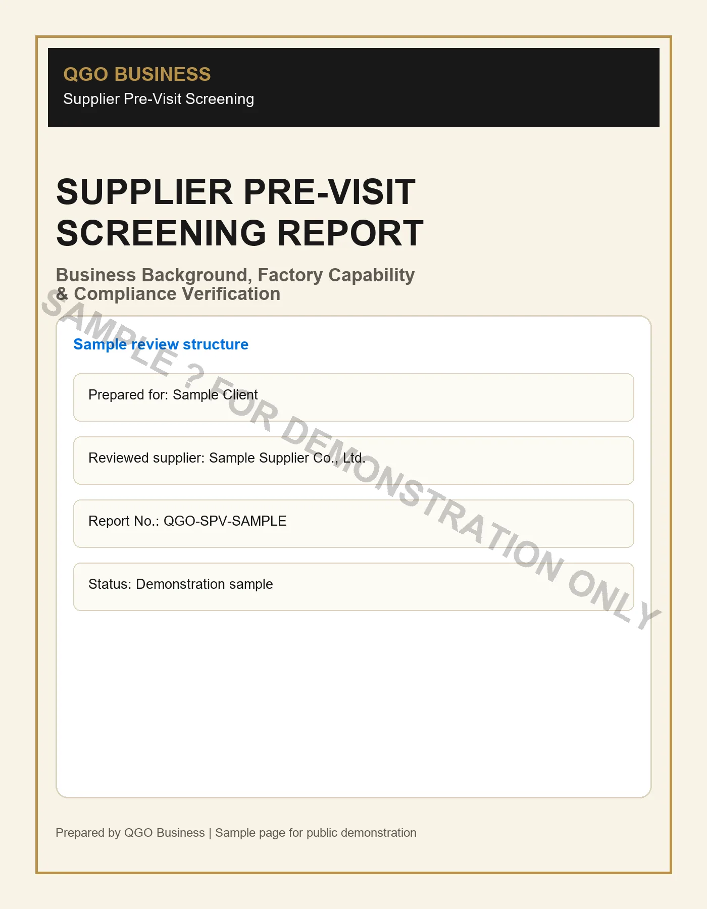Sample cover of a QGO Business Supplier Pre-Visit Screening Report